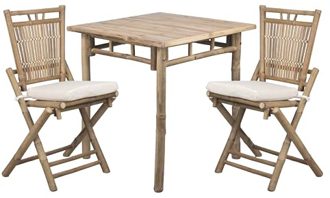 Brigros - Set Bistrot Tavolo Con 2 Sedie Esterno In Legno Di Bamboo Con Cuscini, Set Giardino Esterno Bambù Ideale Come Tavolo E Sedie Da Balcone, Terrazzo O Set Giardino In Legno