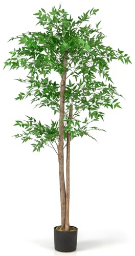 COSTWAY Plante Artificielle de 150 cm, Imitation Bambou avec 1 020 Feuilles Tronc en Bois Naturel Mousse Séchée Réaliste Pot de Pépinière, Arbre Artificiel Décoration pour Salon Bureau