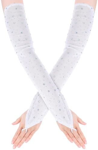 HaiFafafaing Fingerless Gloves Long Rhinestone Lace Gloves For Women Mesh Tulle Glove Elbow Length Glitter Sheer Glove For Tea Party(White)