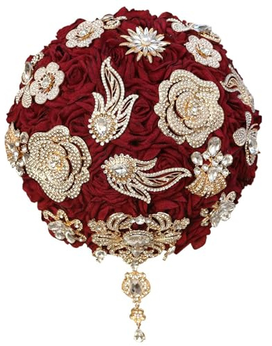 KUNYOS Bouquet da sposa rosso intenso, lussuoso ciondolo con strass, rosa di raso fatta a mano, adatto for spose, damigelle, San Valentino, feste e altre occasioni.