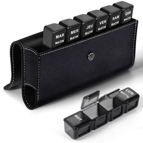 Pilulier Semainier Français 7 Jours 4 Fois Matin Midi Soir Nuit avec PU Sac 28 Compartiments Pilulier Semainier Français (Noir+Noir)
