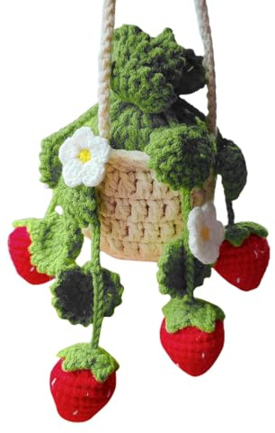 Strawberry Crochet Ornament – Car Mirror Hanging Plant Accessory, Adorable Handmade Yarn Decoration, Soft Suspension Charm | Cute Crochet Car Decor, Fun Accessories for Drivers and Passengers