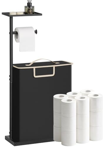 Freestanding Toilet Roll Holder with Phone Stand and Toilet Roll Storage Baskets for up to 9-12 Rolls, 3-in-1 Bathroom Storage Design, Upgraded Thickened Rust-Proof Metal Toilet Paper Holder, Black