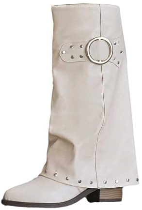 Generisch Bottes pour femme Shark Boots Slouchy Bottes larges Cowboy Hautes Confortables Bout pointu Talon Plateforme Longue Genou Bottes d'hiver chaudes en cuir Mode Confort, Blanc., 38.5 EU