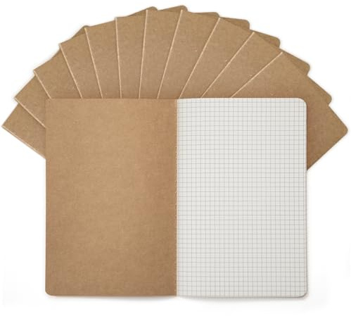 12er Set Notizbuch A5 Kariert - Kraftpapier-Notizheft mit Fadenbindung | 60 Seiten, 80g/m² beiges Papier, 5 x 5 mm kariert, flachliegend, ideal für Schule, Büro & Studium