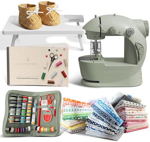 Hearth & Harbor Mini Sewing Machine for Beginners, Dual Speed Small Portable Sewing Machine for Kids and Adults with Extension Table, 122 Piece Gift Set Includes, Fabrics, Project Book and More, Green
