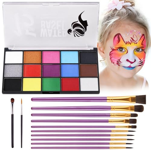 Morofme Kinderschminke Set, 15 Farbe Gesichtsfarben Kinderschminken mit 12 Pinseln, Wasserlösliche Kinder Schminke, Face Bodypainting Farben für Faschingsschminke, Karneval, Ostern,Theaterschminke