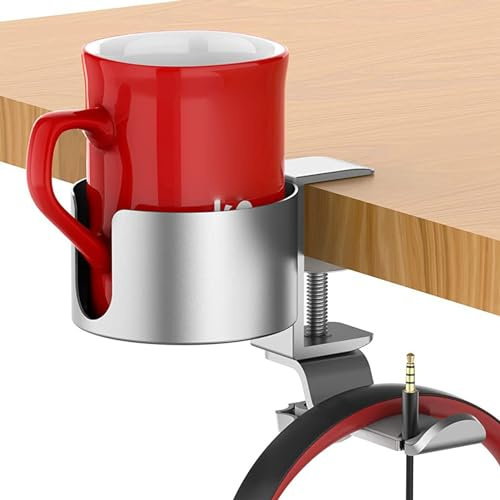 Fockety Portavasos de Escritorio con Colgador para Auriculares, Práctico Soporte Giratorio para Tazas de Escritorio para Oficina, Hogar, Ahorro de Espacio (SILVER)