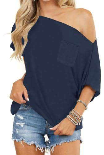 LACOZY Women's Off Shoulder Tops Short Sleeve Casual Loose Batwing Shirts Oversized Tunic 2026 Navy Blue L