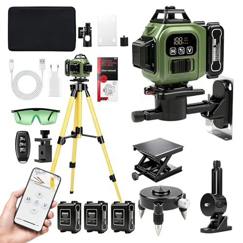 TICFOX Nivel Laser Autonivelante 360 Grados, Nivel Láser Verde 16 Líneas, 4 x 360°Nivel Láser para Interior y Exterior, 3 x 3600mAh Batería, con mando a distancia y trípode, impermeable IP54