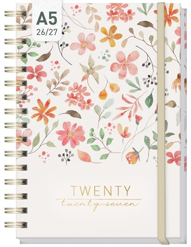 Häfft® Ringpärmskalender 2026/2027 A5 på engelska (+ IT/FR/ES) - 17 månader: augusti 26 till december 27 - veckoplaneringskalender med spiralbindning Wild Blossoms