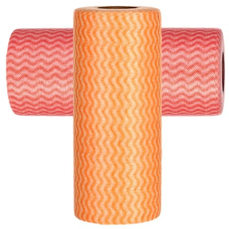 Paños de Cocina Desechables sin Lavar, Rollo Doble (Rojo y Naranja), Tejido No Tejido Diseño Ondulado, Alta Absorción de Aceite para Limpieza Húmeda y Seca, Tamaño Grande para Uso