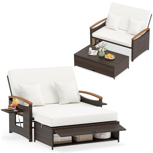 COSTWAY Tumbona Jardin de Ratan 2 Plazas, Tumbona Reclinable con Respaldo Ajustable de 4 Niveles, Sofa Exterior con Reposapiés de Almacenamiento, Cama Terraza Bandejas Laterales Retráctiles