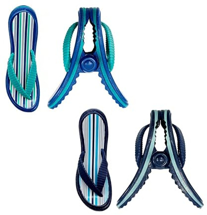 TRIXES 4 pinze Asciugamano Infradito, rigate - Accessorio Viaggio | Clip per lettino e sedia sdraio, interno/esterno - Spiaggia, giardino, piscina, molletta bucato