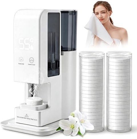 Clickovia Towel Dispenser with 40 Compressed Towels, Automatic Towel Warmer, Instant Heating to 55 °C / 130 °F in 5 Seconds, 500 ml Water Tank, for Spa, Home and Salon