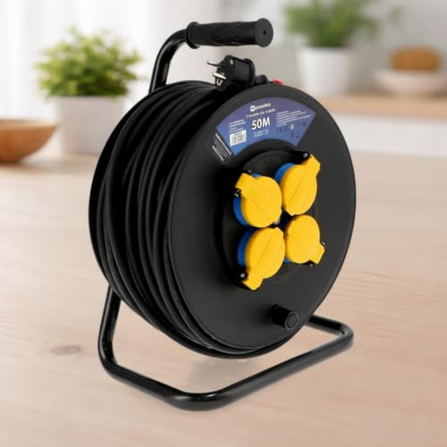 M mimotec - Enrollacables Exterior 50 Metros IP44 4 Tomas 3200W 16A | Cable H05RR-F 3x1,5 mm² | Carrete Eléctrico con Protección Infantil | Ideal para Jardín, Obras, Taller y Uso Exterior