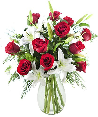 KaBloom - Santa's Kiss Bouquet of White Lilies, Red Rose Greens with Vase - Fresh Flowers for Birthday, Valentine's & Mother's Day