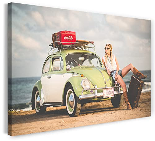 Printed Paintings Leinwand (60x40cm): VW Käfer mit Frau am Strand