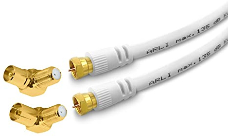 ARLI 15m TV Winkel Antennenkabel weiß – max. 135 dB 5-fach geschirmt | vergoldete F-Stecker & IEC Winkeladapter | DVB-C DVB-T2 DAB+ 4K 8K HDTV Koaxialkabel