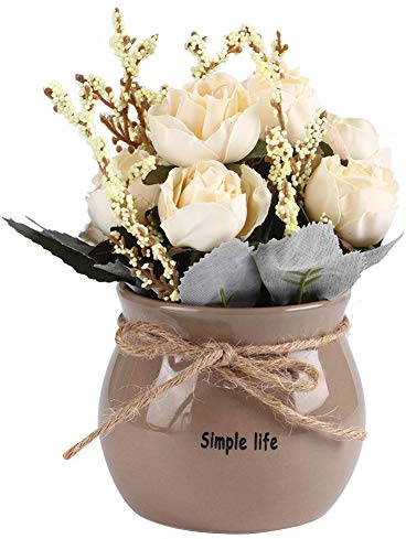 Atyhao Bouquet Fleurs Artificielles avec Vase Céramique Rose Soie Blanc | Fleur en Pot, Décoration Bureau, Décoration Domicile, Ornement