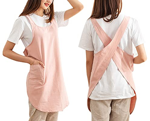 Caatoor Cotton Cross Back Aprons Solid Color Cooking Kitchen Garden Smock for Women Girls with Pockets (Pink, 37Wx 32L)