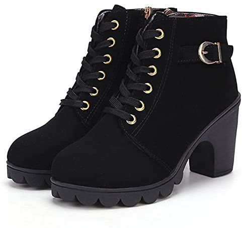 Womens Ankle Boots High Heels-Thick Platform Zipper Fashion Womens Short Boots Black UK 5