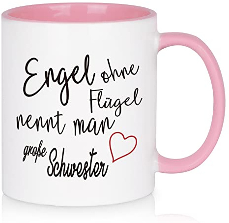 Livole Schwester Geschenk Weihnachten Lustige Geburtstagsgeschenke für Schwester Freundin Doppelseitig Bedruckte Tasse Spruch Engel ohne Flügel nennt Man Schwester, 325 ml Kaffeetasse, Rosa