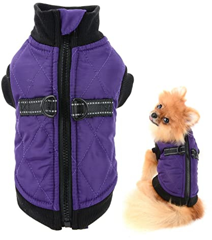 SMALLLEE_LUCKY_STORE Pet Water Resistance Zip-up Jacket Vest Coat with D-rings for Small Dogs Cats, Fleece Lined Puppy Chihuahua Yorkie Warm Winter Clothes, Purple, M | Water-resistant Shell, Fleece Lining, Reflective, Winter Walks, Chihuahua, Yorkie, Small Breed, Zip-Up Jacekt With D-Rings