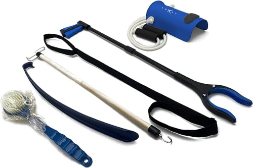 Luxet Hip Kit for Total Hip Prime Kit, Shoe Horn, Foldable 32 Grabber Tool, Dressing Stick & Sock Aide, Leg Lifter, Long Bath Sponge, Grabbers Elderly Reaching Tool, 6PC-Kit, Blue, by