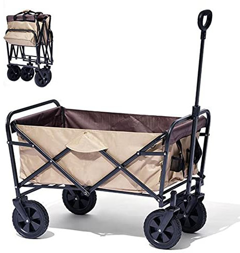 Carrello Pieghevole con Pneumatici in Gomma Piena, Carrello da Giardino, Carrello da Trasporto, Carrello da Spiaggia, Freno per Ruota Anteriore, Rimorchio A Mano Carico Massimo 80KG,Sand