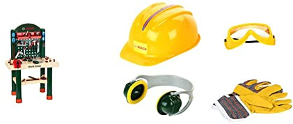 Theo Klein 8461 Bosch Workshop | Arbeitsplatte in Holzoptik mit Lernfunktion und Nagelspiel & 8537 Bosch Zubehör-Set | Hochwertige Arbeitshandschuhe, Brille, Ohrenschützer und Helm | Im Bosch-Design