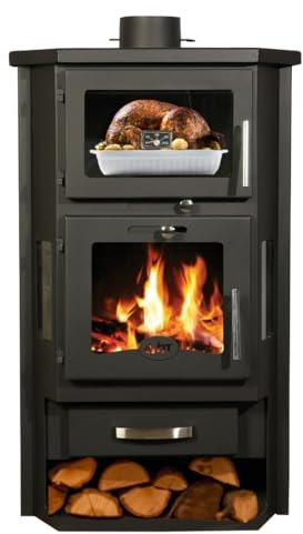 BALKAN ENERGY Poêle à bois avec four et système de chauffage central, Graphite Noir, Acier, Fonte, 26 kW, Bois, Venté, 78%, 91.5 x 62.5 x 550 cm, A