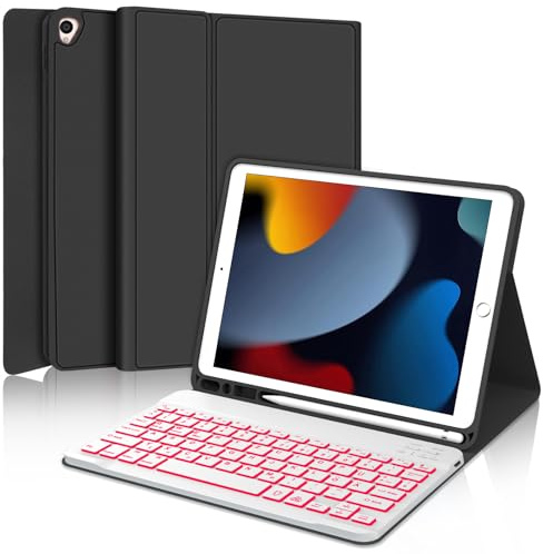 IVEOPPE Tastatur für iPad 9. Generation, Hülle mit Tastatur für iPad 10.2 (9./8./7. Generation), Magnetisch Abnehmbarer 7-Farbige Beleuchtung mit QWERTZ Keyboard für ipad Air 3 und Pro 10.5, Schwarz