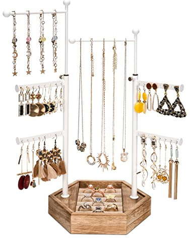 Emfogoo Porte Bijoux Femme, Rangement Bijoux Hauteur Réglable, Presentoir Bijoux Boucles d'oreilles et Colliers, Arbre a Bijoux, Présentoir Bijoux avec Boîte de Rangement en Bois de Capacité