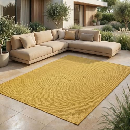 Jimri In- & Outdoor Teppich - Wetterfester Teppich für Balkon, Terrasse, Garten, Wohnzimmer, Küche - Strapazierfähiger Bodenteppich, Widersteht UV-Strahlen & Wasser - Größe 120 x 160 cm, Gelb