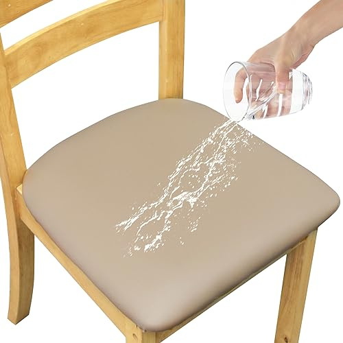 Leather Stretch Chair Seat Covers with Elastic Ties,Waterproof Dining Room PU Leather Chair Cover Seats,Removable Washable Chair Protector Seat Cushion Slipcovers for Home,Kitchen (khaki, 4 PCS)
