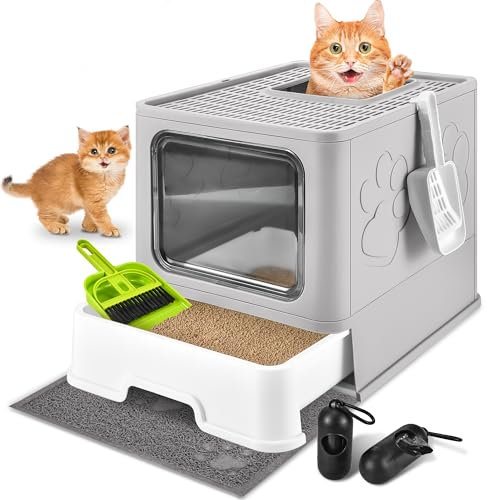Homagico Caja de arena para gatos con alfombrilla de arena, plegable, extragrande, libre de entrada y salida/caja de liiter unidireccional con tapa, tipo cajón, caja de arena cerrada para gatitos,