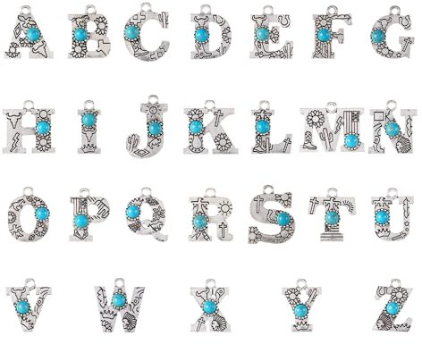 Bestewelry Buchstaben-Anhänger aus Legierung, Antik-Silber, Buchstaben-Charms mit Türkis, große Initiale A-Z, für DIY-Armbänder, Halsketten, Choker, Ohrringe, Handwerk, Schmuckherstellung, Metall, 26