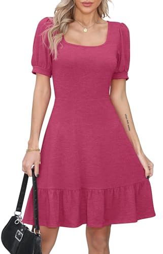 Missufe dam sommarklänning en linje skateboardklänning volangklänning puffärmar kortärmad swing fritidsklänningar, Varm rosa, S
