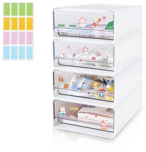 4PCS Stackable Desk Organiser with 4 Drawers, Plastic Storage Drawer | Compact Desktop Organizer Boxes, Translucent Stationary Office Craft Drawers for Dorm