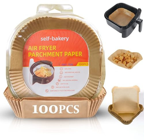 100 PCS Square Air Fryer Liners, Non-Stick Baking Paper, Disposable and Greaseproof Food Grade Parchment Compatible with Square Air Fryer(Unbleached 7.9 inch)