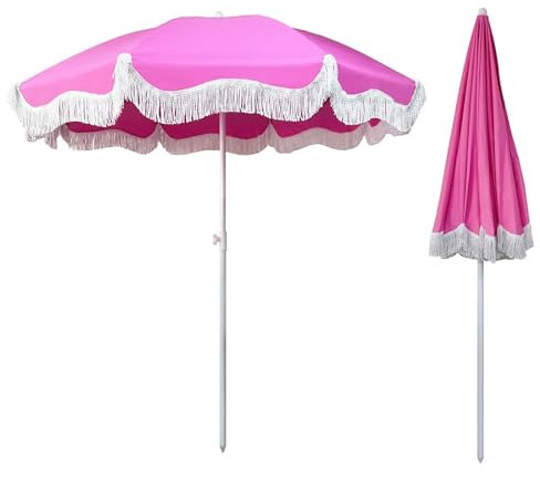Zhixubah Hawaii Strandschirm Mit Fransen Sonnenschirm Terrasse Höhenverstellbar Sonnenschirm Balkon 200cm Gartenschirm Neigbar 45° Sonnenschutz UV50+ Wasserdicht Mit Tragetasche 8 Rippen(Color:Pink)