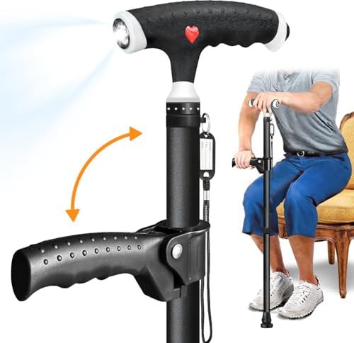 ispuoocti Verstellbarer Gehstock für Herren und Damen Doppelgriff Verstellbarer, Gehstock mit LED-Licht, gehstöcke für senioren und Menschen mit verschiedenen Arten von Arthritis (Schwarz)