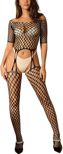 Bommi Fairy Body en résille pour femme - Manches moyennes - Épaules dénudées - Une pièce - Bodycon - Extensible, Noir , XS-XXL