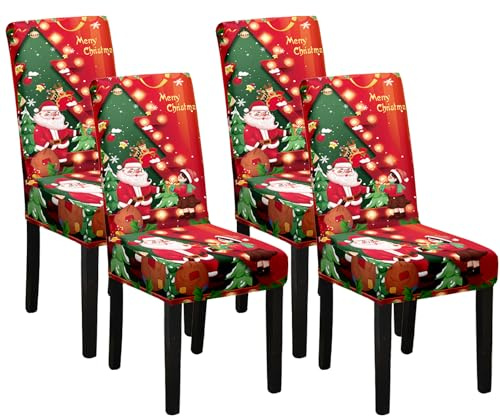 Stuhlhussen Weihnachten 4er Set, Stretch Weihnachts Stuhlhussen Schwingstühle, weihnachtsdeko Stuhlbezug, Weihnachtsstuhlhussen, Abnehmbare Waschbare Stuhlhussen Rot, Chair Cover Universal Stuhlbezüge