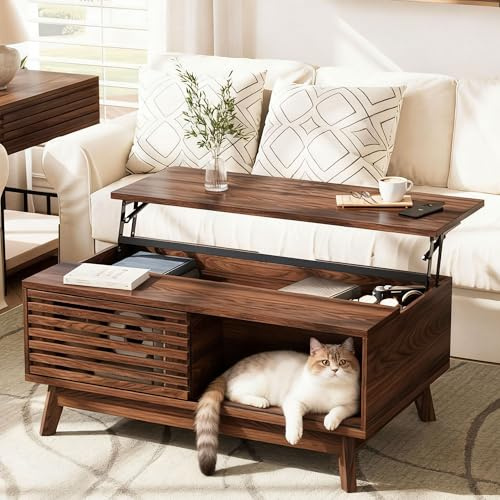 HAIOOU Lift Top Coffee Table, Mid Century Modern Coffee Table with Storage for Living Room, 35.4'' Walnut Coffee Tables with Sliding Fence Door (Brown)