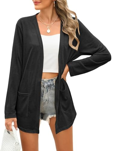 Wiwclo Cardigan a maniche corte da donna leggero cardigan estivo kimono casual sciolto spiaggia coprire orlo curvo con tasche, A01-Nero-manica lunga, XXL