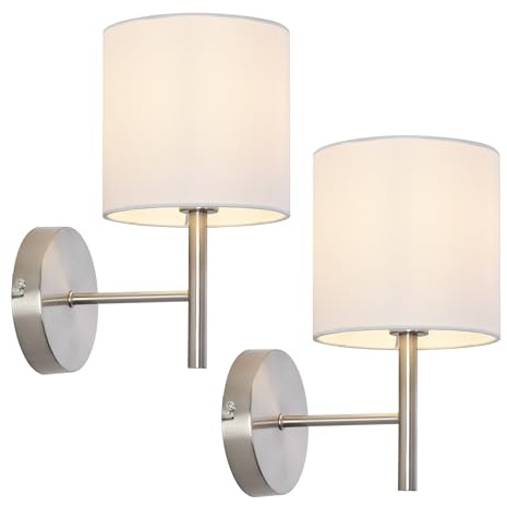 lux.pro Set de 2 Apliques Winsford para Escaleras Sala Decorativa Pantalla Cilíndrica 2 Lámparas de Pared para Pasillos Hoteles 1x E14 40W Metal Textil (100% poliéster) 27x21 cm - Plateado/Blanco