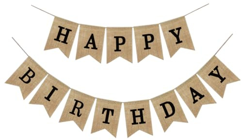 Happy Birthday Girlande Banner Leinen, Vintage Leinen Geburtstag Deko, Stoff Girlande Wimpelkette für Geburtstag Party DIY Dekoration Babydusche (Schwarz)