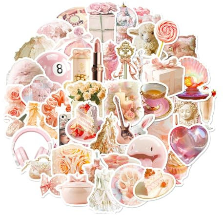 50 PCS Cute Stickers for Kindle, Pink Sticker Waterproof Self-Adhesive Vinyl Cartoon Cute Trendy Aesthetic Stickers, for Water Bottle, Scrapbook, Notebook, Laptop, Book, Computer